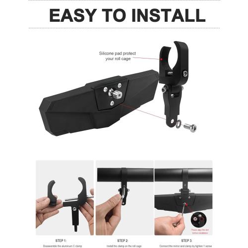 Black UTV Rear View Mirror, Adjustable Center Rearview Mirror with Aluminum Clamp Fit for Roll Bar, Compatible with Polaris RZR, Pioneer, Talon, Can Am X3, Kawasaki, CFMOTO