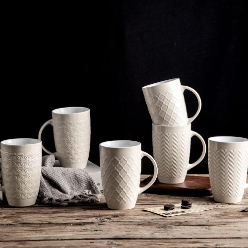 AmorArc Extra Large Coffee Mugs Set of 6, 20oz Ceramic Tall Coffee Mugs Set with Textured Geometric Patterns for Coffee/Tea/Beer/Hot Cocoa, Dishwasher & Microwave Safe,Beige