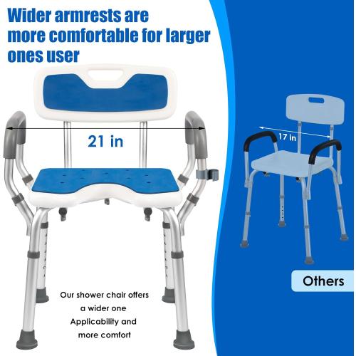 Shower Chair with Arms and Back Heavy Duty 330lbs, Shower Seat for Inside Shower Bathroom Chair with U-Shaped Cutout Seat & Cold-Proof Pads, Tools-Free Assembly