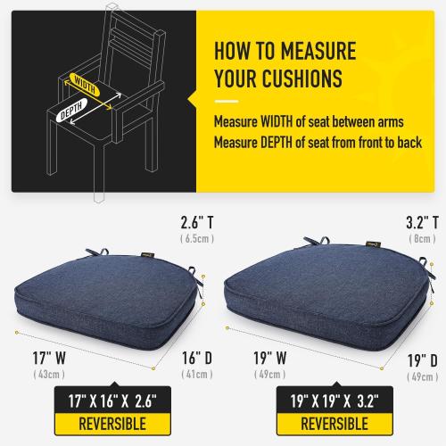 Chair Cushion with Ties, Ultra Durable Water Resistant FadeShield Outdoor/Indoor Reversible Chair Seat Cushion 17 x 16 inch Set of 4, Heather Indigo