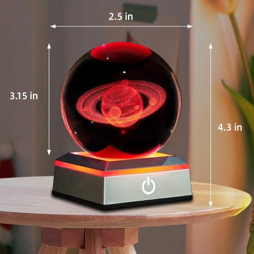 3.15 3D Saturn Crystal Ball Night Light 3.15 inch Glass Ball Table Lamp with Color Changing Touch Base Decor Ideal Saturn Gifts for Friends Kids Christmas Birthday