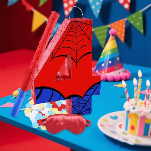 16 Inch Number 4 Spider Pinata with 16 Inch Piñata Stick Blindfold Confetti for Boy Girl Kids 4th Birthday Party Decorations (4th)
