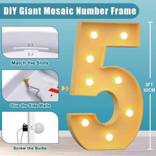 3FT Marquee Numbers 5 Large Light Up Numbers for 5th 25th 50th Birthday Party Decorations Girl Boy Anniversary Light Up Sign Outdoor Pre-Cut Foam Board Kit