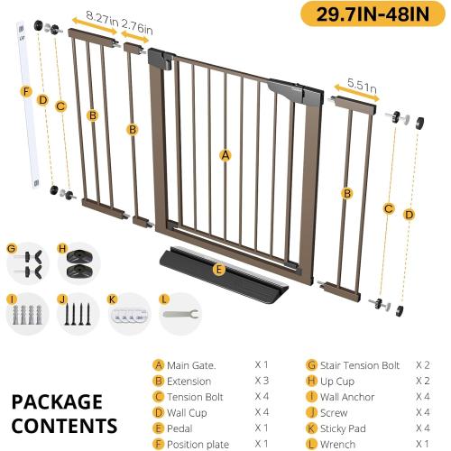 Cumbor 29.7-48 Baby Gate for Stairs, Mom's Choice Awards Winner-Dog Gate for Doorways, Auto Close Safety Pet Gate for Dogs Indoor, Easy Install Pressure Mounted Child Gate with Walk Thru Door, Brown