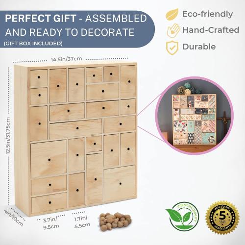 DIY Wooden Advent Calendar Apothecary Cabinet Craft Storage organiser with Drawers for Decorating or Natural Wood. Handles Detached. Comes in Gift Box
