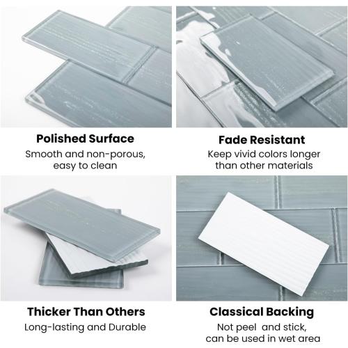 Glass Subway Tiles, 3 x 6 Inch, Gray Glass Tiles for Backsplash, Bathroom Shower Wall, Pack of 32 Pieces