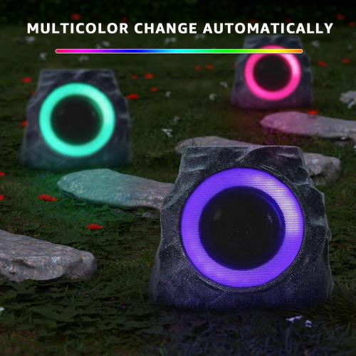 uuffoo 2-Pack Solar Powered Rock Speakers Outdoor Water-Resistant IP44 Rock Speaker with Lights RGB Colors and USB Charging for Patio Pool Party Yard Garden Outside