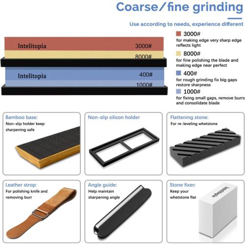 Intelitopia Complete Knife Sharpening Stone Set – Dual Grit Whetstone 400/1000 3000/8000 Knife Sharpener with Leather Strop, Flattening Stone, Bamboo Base, 3 Non-slip Rubber Bases & Angle Guide