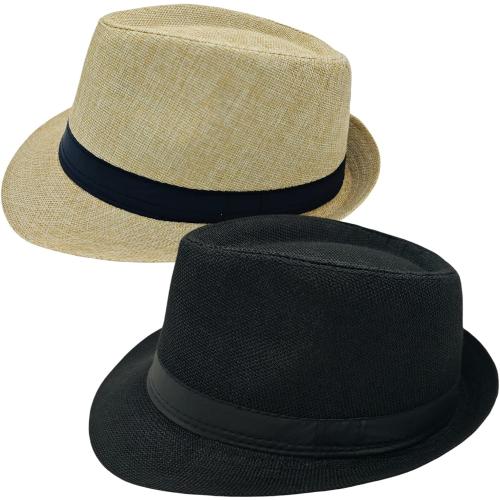 2 Pack Short Brim Fedora Classic 20s Trilby Panama Hats Summer Travel Cap for Men Women