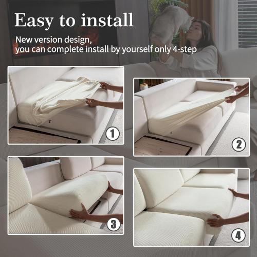 Sectional Couch Covers, Wear Resistant Stretch Sofa Covers Washable Soft Couch Cushion Covers Anti Slip Furniture Protector Sofa Slipcovers for Pets (3 Pieces 3 Seaters Cover, Ivory)