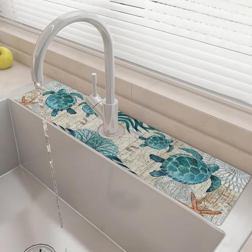24 X 5.5 Kitchen Sink Splash Guard Faucet Mat Sea Turtles Super Absorbent Fast Drying Faucet Guard & Draining Mat Sink Splash Guard Behind Faucet for Kitchen, Bathroom