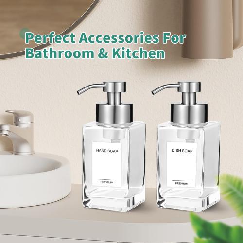 Foaming Soap Dispenser, 12oz/350ml Glass Foaming Hand Soap Dispenser Set,Refillable Foam Dispenser with Foaming Pump, Labels, Square Hand Dispenser for Bathroom, Kitchen 1 Pack