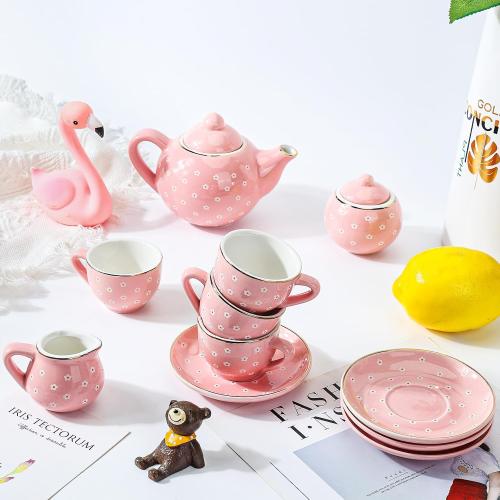 CHENP.HMC Tea Party Set for Little Girls, 13 Piece Sets Kids Tin Tea Party with Cups, Saucers, Plates & Serving Trays, Girls Birthday Gift (Pastel Polka Dots)