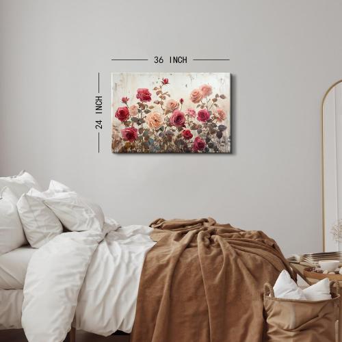 Large Pink Flower Wall Art for Bathroom Decor Vintage Floral Canvas Pictures Farmhouse Wildflower Painting Poster Modern Aesthetic Artwork Nature Botanical Canvas Prints for Bedroom Home Decorations 24x36