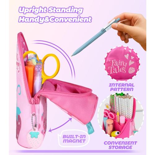 Magnetic Standing Pencil Case for Girls - Back to School Stuff, Cute Strawberry Standing Zipper Pencil Case, Large Capacity Stand up Pen Bag, Stationery Pen Holder, Study Supplies for Students