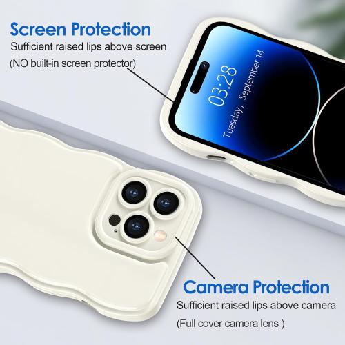 Anuck for iPhone 14 Pro Case Wave, Curly Frame Design for Women Girls, Cute Wavy Solid Color Aesthetic Phone Case Soft Flexible TPU Shockproof Full-Body Protective Cover 6.1 - Beige White