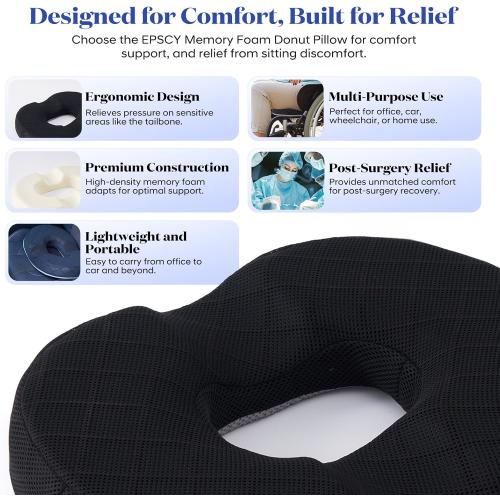 EPSCY Ergonomic Memory Foam Donut Cushion, Pressure-Reducing Seat Support for Enhanced Comfort, Ideal for Office, Car, Wheelchair, Post-Sitting Recovery & Everyday Seating, Breathable Removable Cover
