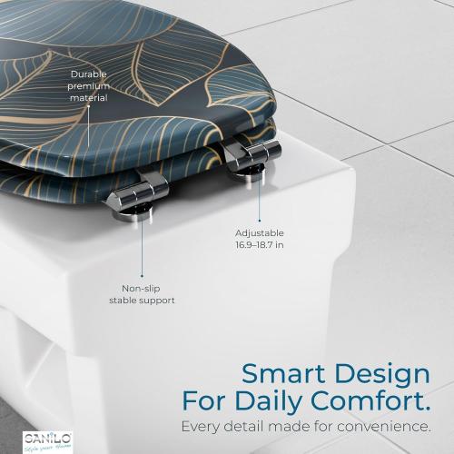 SANILO Wooden Toilet Seat with Soft Close [ELONGATED] - Decorative, Quiet & Slow Close Molded Wood Seat - With Strong Bumpers & Hinges - Adjustable Fit - Monstera