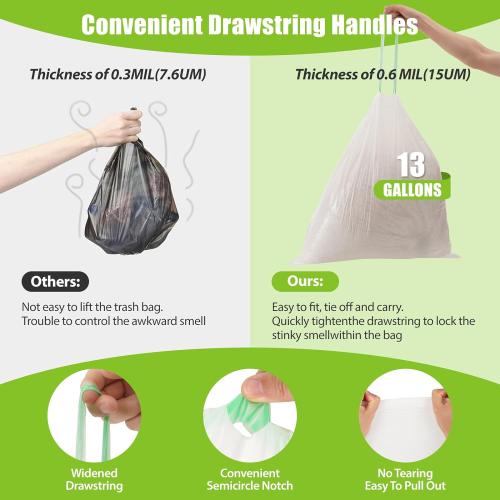 ValueGuard Large Trash Bags 13 Gallon Tall Kitchen Drawstring 100% Post-Consumer Recycled Garbage Bags Waste Bag for Office 0.6 Mil (110 Count)