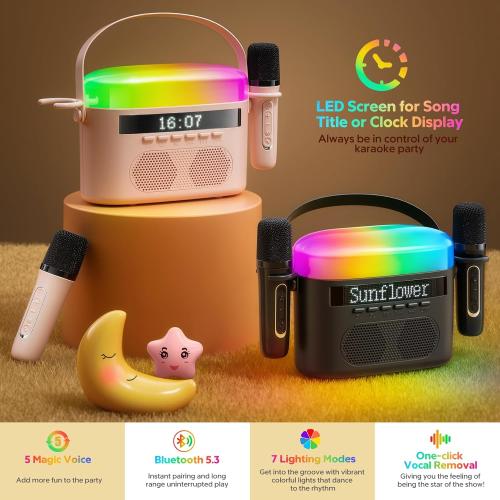 Karaoke Machine for Kids & Adults with 2 Wireless Mics 2400mAh Portable Bluetooth Karaoke Speaker with Timer White Noise & Night Light High Power Dual Speaker LED Display Home & Outdoor Party - Pink