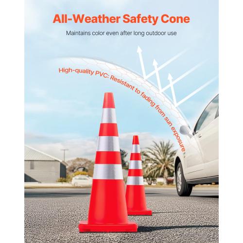 VEVOR Safety Cones, 6 x 36 Traffic Cones, PVC Orange Construction Cones, Reflective Collars Traffic Cones with Weighted Base Used for Traffic Control, Driveway Road Parking and School Improvement