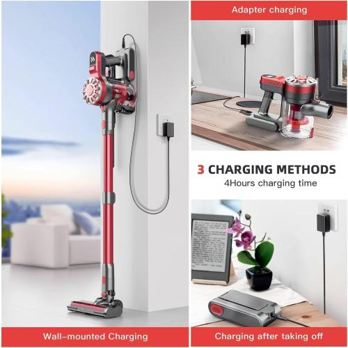 WLOTPO Vacuum Cleaners for Home,Cordless Vacuum Cleaner,Lightweight Stick Vacuum Cordless Rechargeable,Self-Standing Design,LED Touch Screen,Vacuum for Hardwood Floors,Carpet,Pet Hair(Dark Red)
