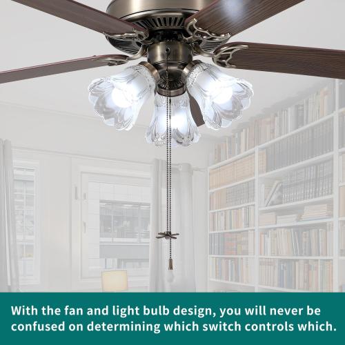 52 Inch Indoor Ceiling Fan with Pull-Chain and Three LED Light Bulbs Base, Traditional 3-Speeds Reversible Blades Ceiling Fan (Antique)