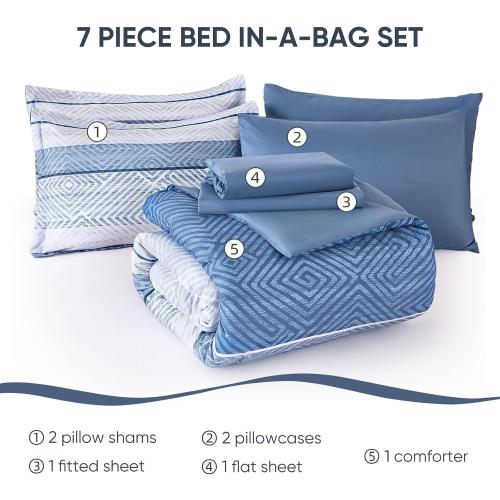 Drucon 7 Piece Striped Comforter Set King Size Light Blue Bed in a Bag, Soft Microfiber Complete Bedding Set with Sheets for All Season