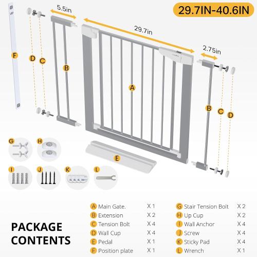 Cumbor 29.7-40.6 Baby Gate for Stairs, Mom's Choice Awards Winner-Dog Gates for Doorways, Pressure Mounted Auto-Close Pet Gates for Dogs Indoor, Safety Child Gate with Easy Walk Thru Door, Gray