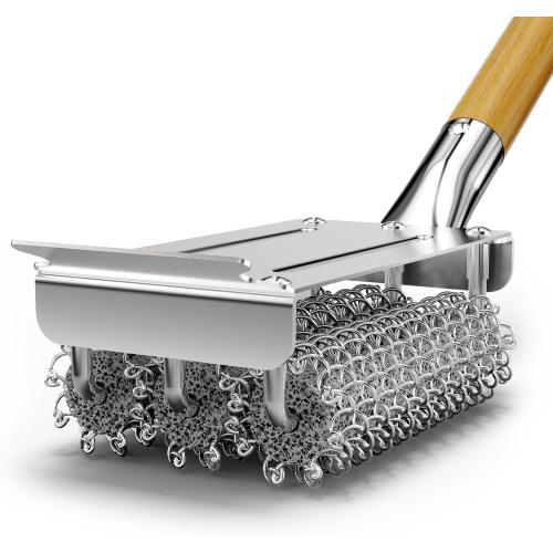 HOUSE AGAIN Grill Brush Bristle Free, 304 Stainless Steel Food-Grade Brush Head with Scraper, Safe BBQ Outdoor Grill Cleaning Brush Strong Barbecue Brush Cleaner Non Wire for Grill Grate/Wooden Handle