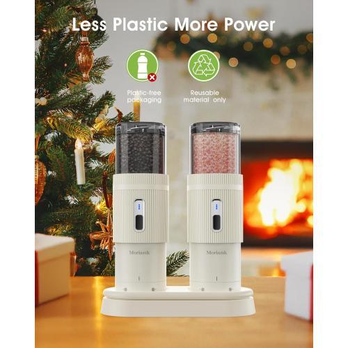 Upgraded Larger Capacity Electric Salt and Pepper Grinder Set, Rechargeable Salt and Pepper Grinder Set with Charge Base, Adjustable Coarseness, Efficient Kitchen Gadgets, Beige