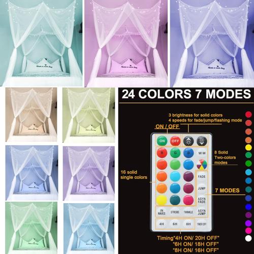 White Bed Canopy with 24 Colors Star Lights for Girls, 8 Corner Princess Canopy Bed Curtains with Color Changing LED String Lights Remote Timer for Adults Women Bedroom, Twin Full Queen King Bed