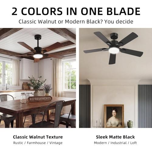 52 Inch Ceiling Fans with Lights, Large Ceiling fan with Light and Remote/APP Control, Quick Installation, 3CCT, Dimmable, Noiseless Reversible Motor, 5 Blades Black Ceiling Fan for Outdoor Indoor