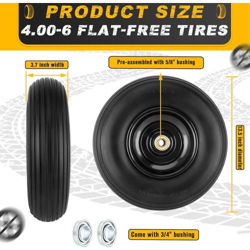 4.00-6 Flat-free Tire and Wheel, 13 Wheelbarrow Wheels and Tires with 5/8 or 3/4 Bearings 4.00-6 Solid Tires Replacement for Wheelbarrow, Gorilla Cart, Hand Trucks, Garden Carts(2 PCS)