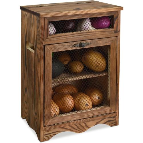 Ikee Design Free Assemble Wooden Countertop Potato and Onion Storage Bin Box,Countertop Cabinet, Wooden Bread Boxes, Potato Storage, Coffee Station,11.8W x 6.8D x 16H in, Rustic Color