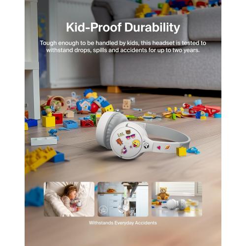 Belkin SoundForm Mini Kids Wireless Headphones w/Built-in Microphone, 30H of Playback Time, Fun Stickers, & Case - Over-Ear Headsets for Online Learning, School, iPhone, iPad, Galaxy, & More - White
