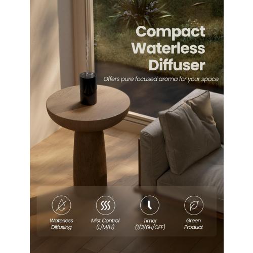 Waterless Essential Oil Diffuser, Portable Aromatherapy Diffuser with 20mL Capacity, Battery Operated Mini Scent Diffuser,3 Mist Levels & Timers, Leak-Free, for Home, Car, Office (Black)