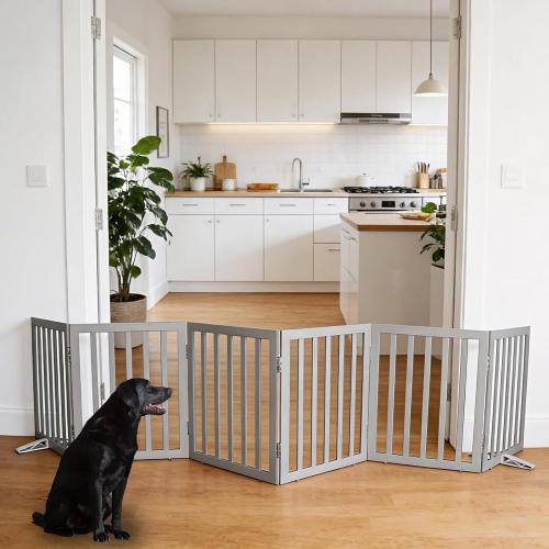 ZJSF Freestanding Indoor Dog Gate for House Foldable Wood Puppy Gate for Doorways Pet Gate for Stairs Extra Wide Pet Fence, Grey, 24 Height 6 Panels