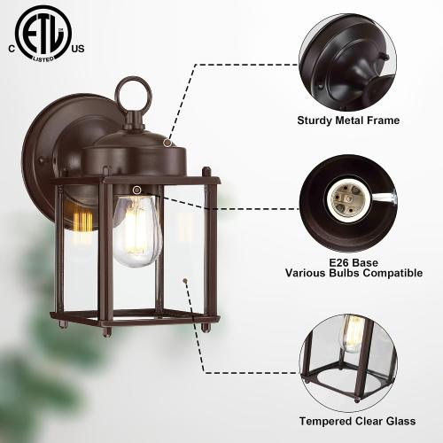 GRUENLICH Outdoor Wall Light Fixture, Clear Glass, Bronze, 2 Pack | Exterior Porch Light Wall Sconce Lantern for House, Patio, Garage, Anti-rust Metal, E26 Socket 60W Max