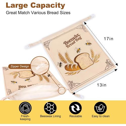 2 Pack Reusable Beeswax Bread Bags for Sourdough, 17inx13in Bread Bags for Homemade Bread, XL Natural Beewax Lined Bread Bag, Freezer Friendly Freshness Preservation for Food Storage