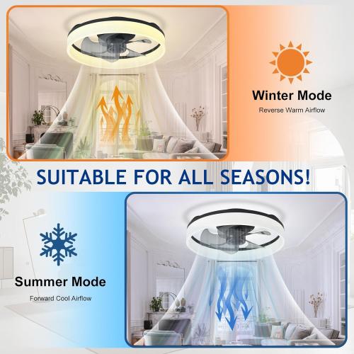 DLLT LED Ceiling Fan with Light: 16 Modern Low Profile Flush Mount Fandelier with App & Remote Control - Dimmable Black Bladeless Fan Light Fixture for Bedroom Kids Room Living Room