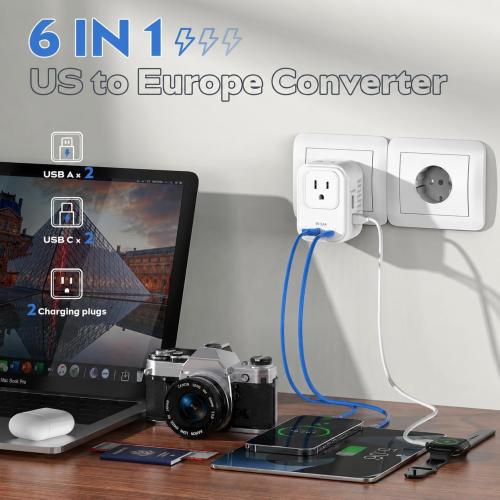 Voltage Converter for European Travel: 220V to 110V Converter US to Europe, Plug Adapter with Fast Charge 2 USB C, 2 USB A & 2 Outlets, Universal Travel Essentials for France Germany Italy Spain, etc