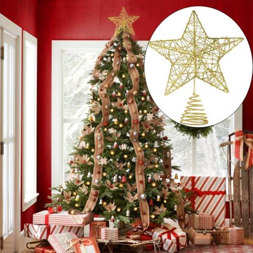 TEHAUX Christmas Tree Star Topper, 5 Point Metal Treetop Decoration with Golden Glitter Powder, Shimmery Tree Topper for Xmas Decorations, 9. 84 X 7. 87 Inches