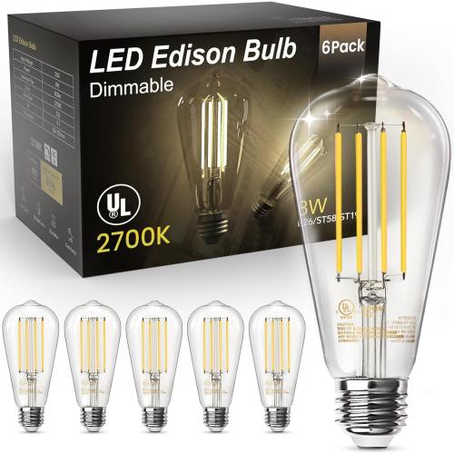 4 pack....Bombillas LED  equivalentes a 60 W, regulables, estilo vintage, casquillo E26, luz blanca cálida 2700 K, ST58, 8 W, 800 lm, CRI superior a 80, bombillas LED decorativas de filamento antiguo, cristal transparente, paquete de