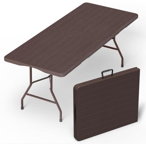 VSOAEIL Folding Table 6 Foot for Indoor Outdoor, Portable Heavy Duty Fold-in-Half Utility Plastic Foldable Dining Table with Carrying Handle for Picnic, Camping and Party, Brown