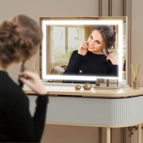 Makeup Vanity Mirror with USB Charging Port 24 x 19 Large LED Makeup Mirror, Desk Mirorr with Lights, Light up Mirror with 10X Magnification and, Dimmable 3 Modes, Touch Control White