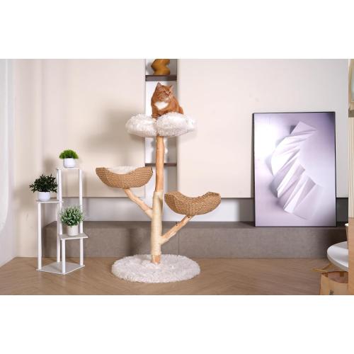 Size 45 Modern Cat Tree Tower, 45” Wooden Cat Tree for Indoor Cats Large Adult, Real Solid Luxury Cat Condo with Scratching Post for Multi-Cat Households