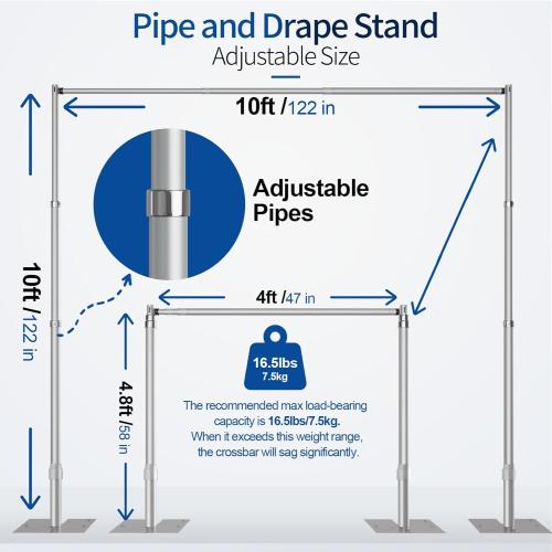 Size 10x10 Pipe and Drape Backdrop Stand, 10x10ft Heavy Duty Adjustable Backdrop Frame with Metal Base, Background Holder for Parties Photography Wedding Photoshoot Decoration