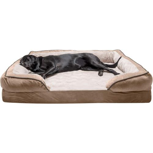 Furhaven Cooling Gel Dog Bed for Large Dogs w/ Removable Bolsters & Washable Cover, For Dogs Up to 95 lbs - Plush & Velvet Waves Perfect Comfort Sofa - Brownstone, Jumbo/XL