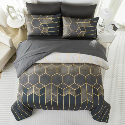 Queen Size Comforter Sets 7 Pieces Grey and Gold Striped Bedding Set Geometric Bed in A Bag